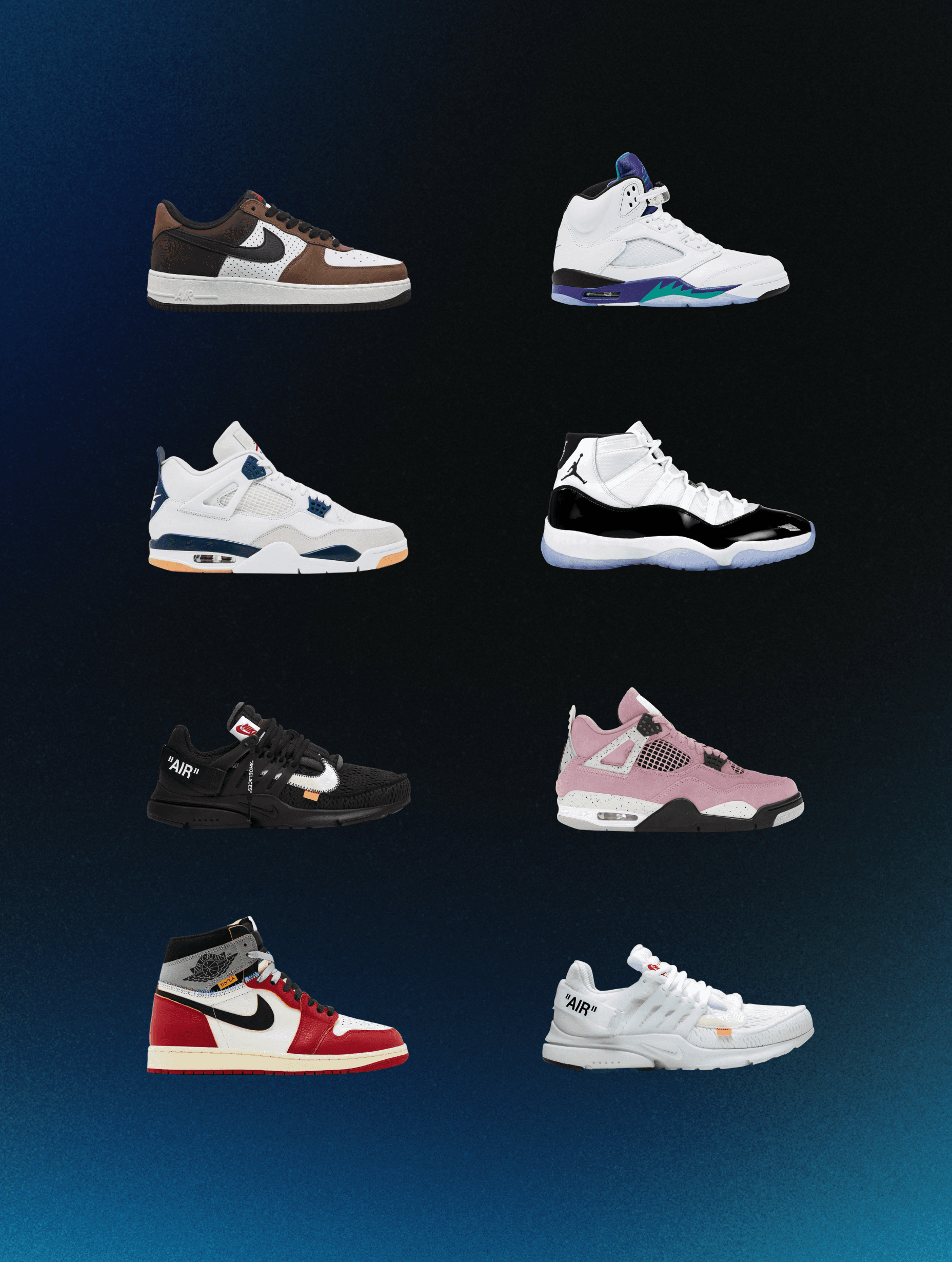 Premium sneakers including Jordans and Off-White