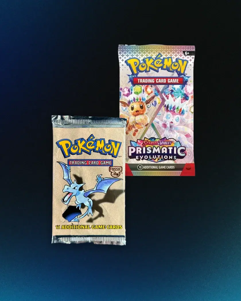 Pokemon trading card packs including Base Set, 151, and Prismatic Evolution