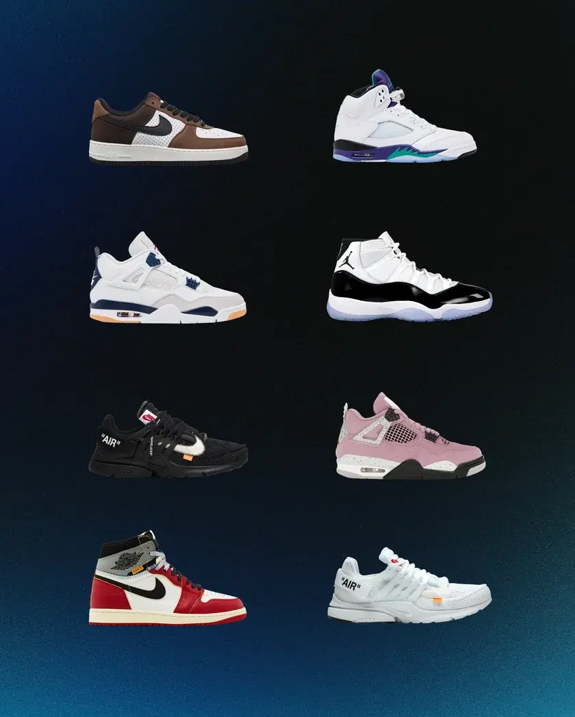 Premium sneakers including Jordans and Off-White